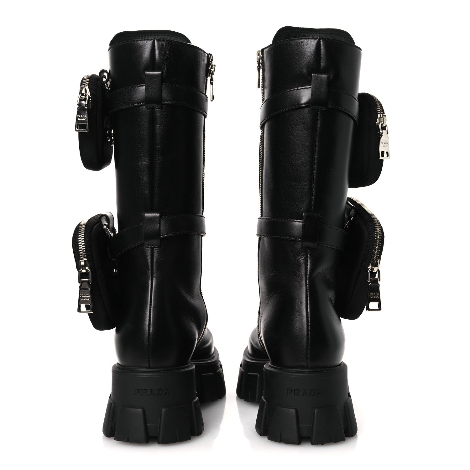 Prada Vitello Lux Nylon Metal Triangle Logo Monolith Pouch Pocket 55mm Tall Combat Boots 38.5 Black 6 of 12