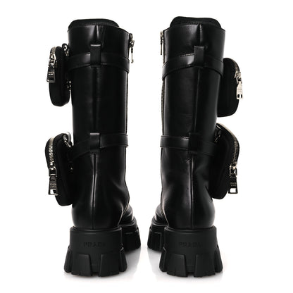 Prada Vitello Lux Nylon Metal Triangle Logo Monolith Pouch Pocket 55mm Tall Combat Boots 38.5 Black 6 of 12
