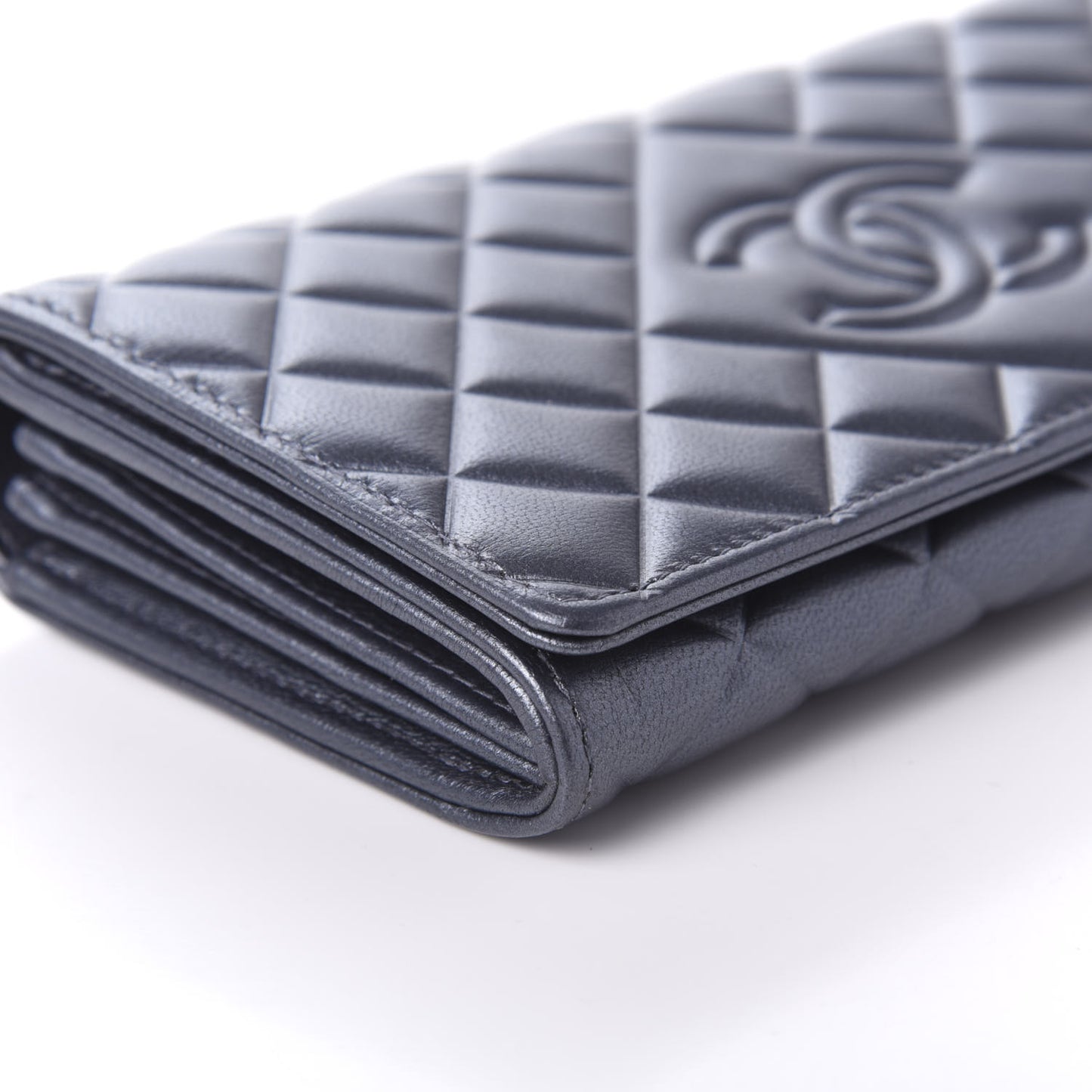 Calfskin Quilted Large Diamond CC Flap Wallet Dark Silver