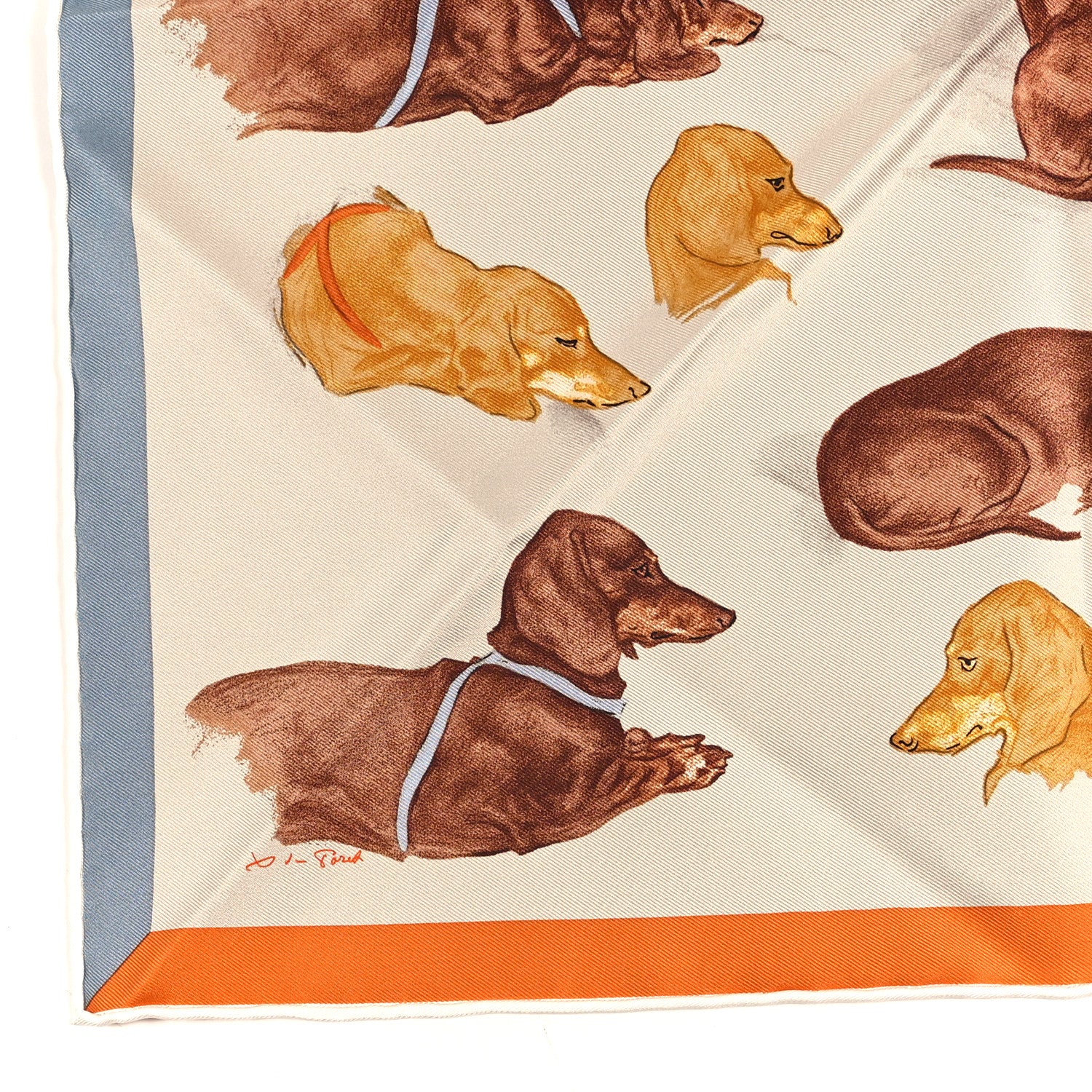 Hermes Silk Les Bassets Scarf 45  Beige Clair Gris Bluette Orange Cuit 2 of 4
