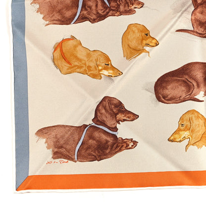 Hermes Silk Les Bassets Scarf 45  Beige Clair Gris Bluette Orange Cuit 2 of 4
