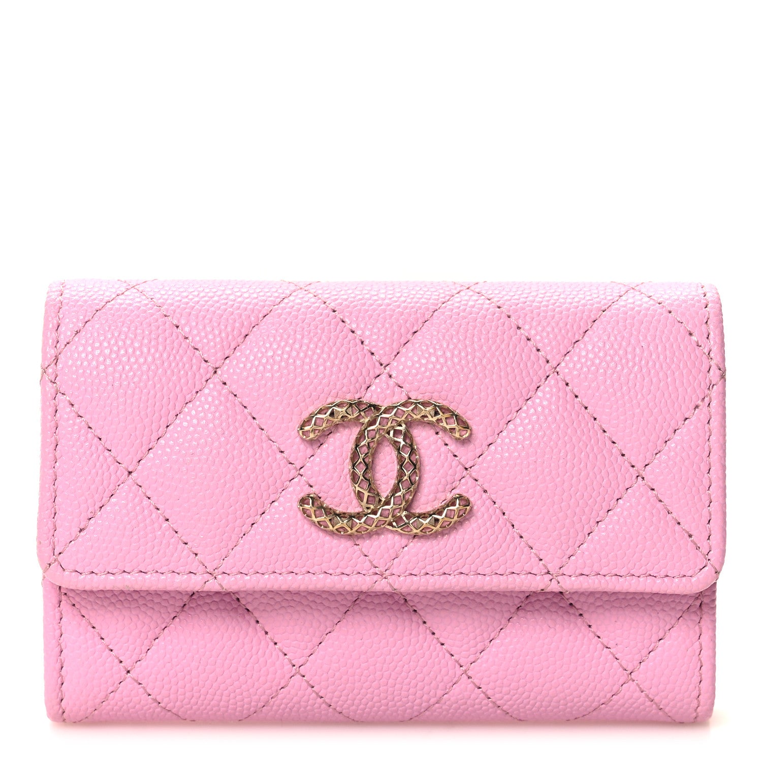 Chanel Caviar Metal Perforated Quilted CC Flap Card Holder Pink Green 1 of 9