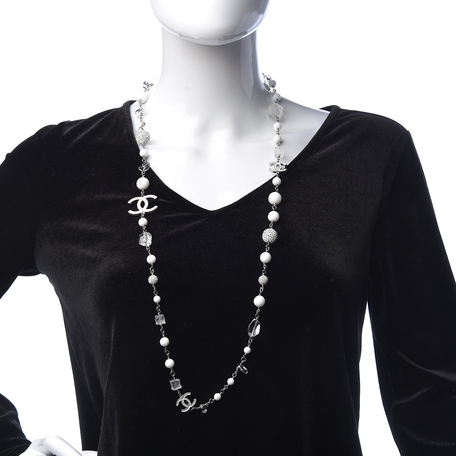 Chanel Crystal Bead CC Necklace Silver White 2 of 5