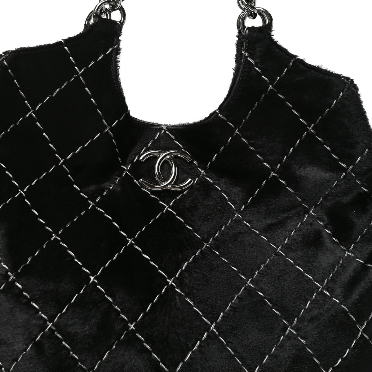 Pony Hair Double Contrast Stitch Tote Black