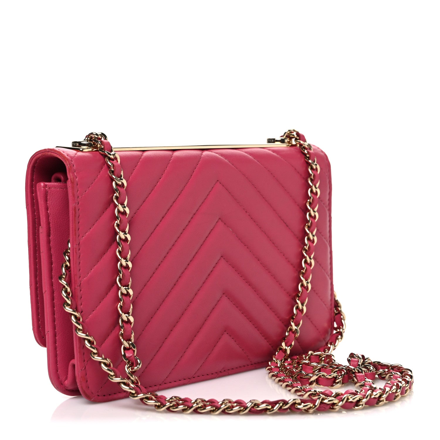 Chanel Lambskin Chevron Quilted Trendy CC Wallet On Chain WOC Dark Pink 3 of 11