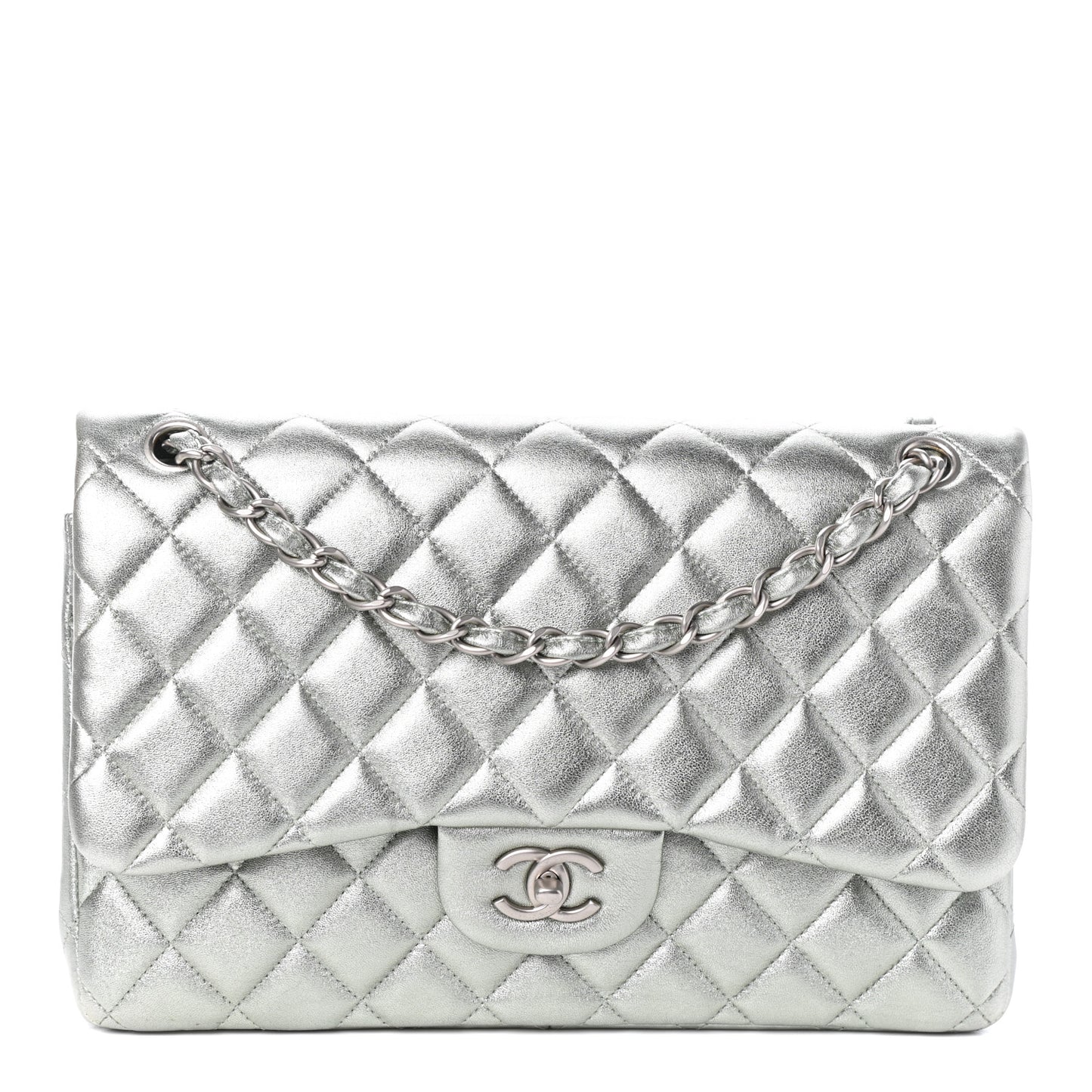 Metallic Lambskin Quilted Jumbo Double Flap Silver