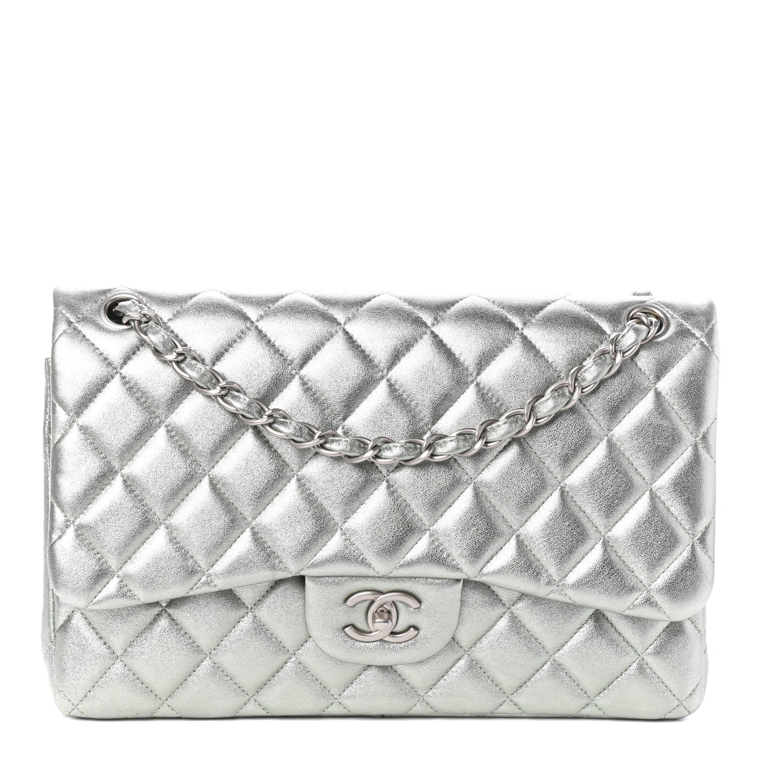 Chanel Metallic Lambskin Quilted Jumbo Double Flap Silver 1 of 10