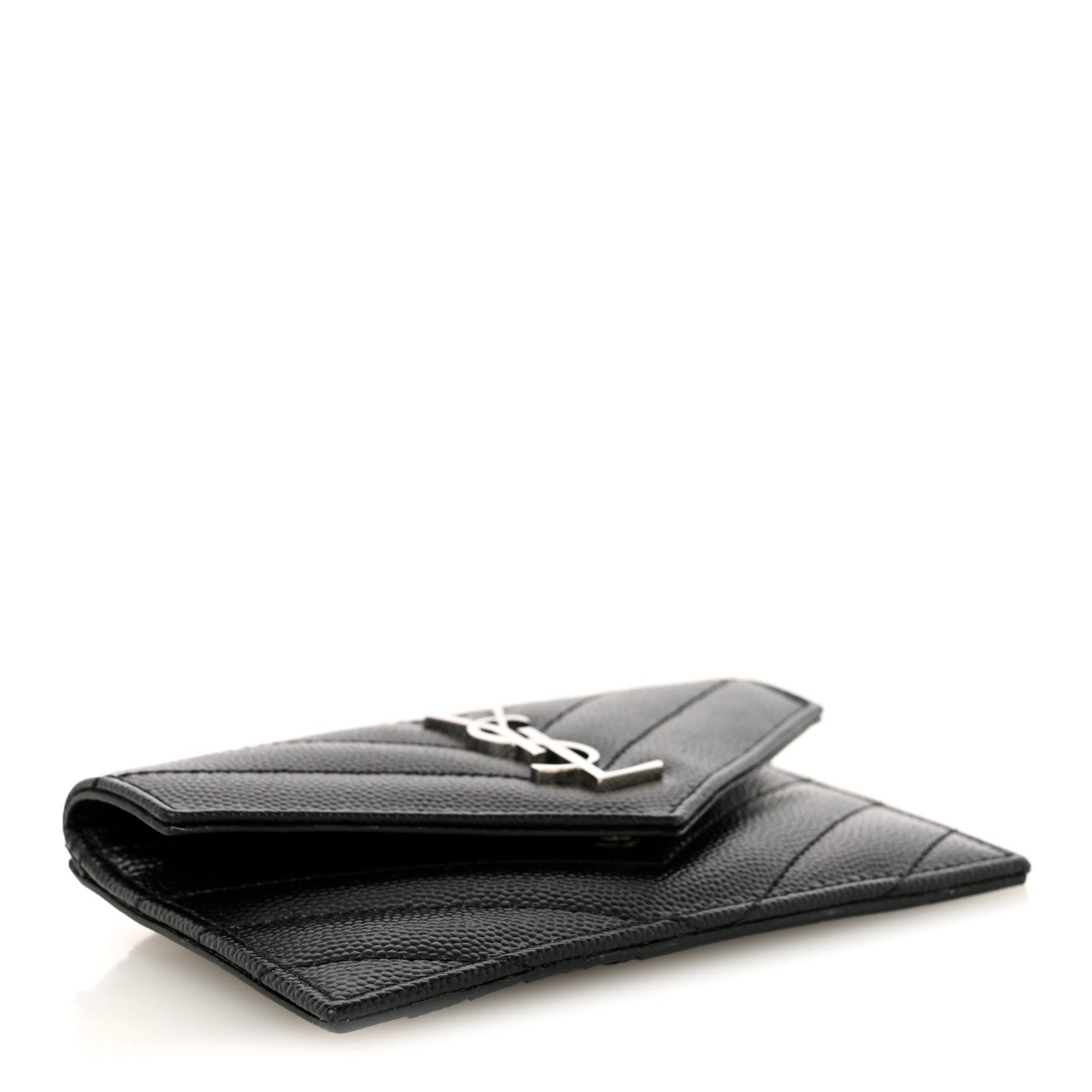 Saint Laurent Grain De Poudre Matelasse Chevron Monogram Compact Wallet Black 4 of 7