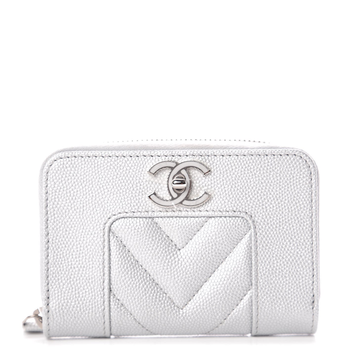 Metallic Caviar Chevron Quilted Vintage Mademoiselle Zip Coin Purse Silver