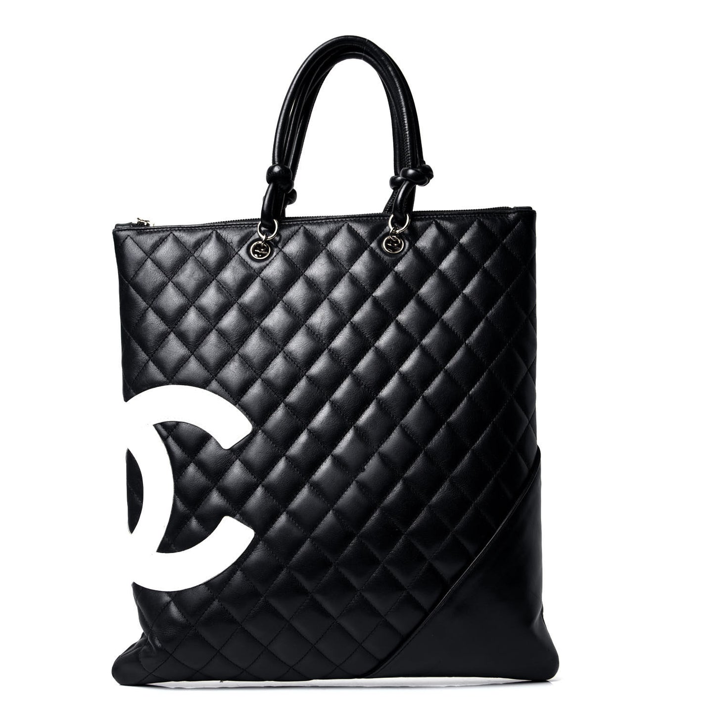 Calfskin Cambon Flat Tote Black White