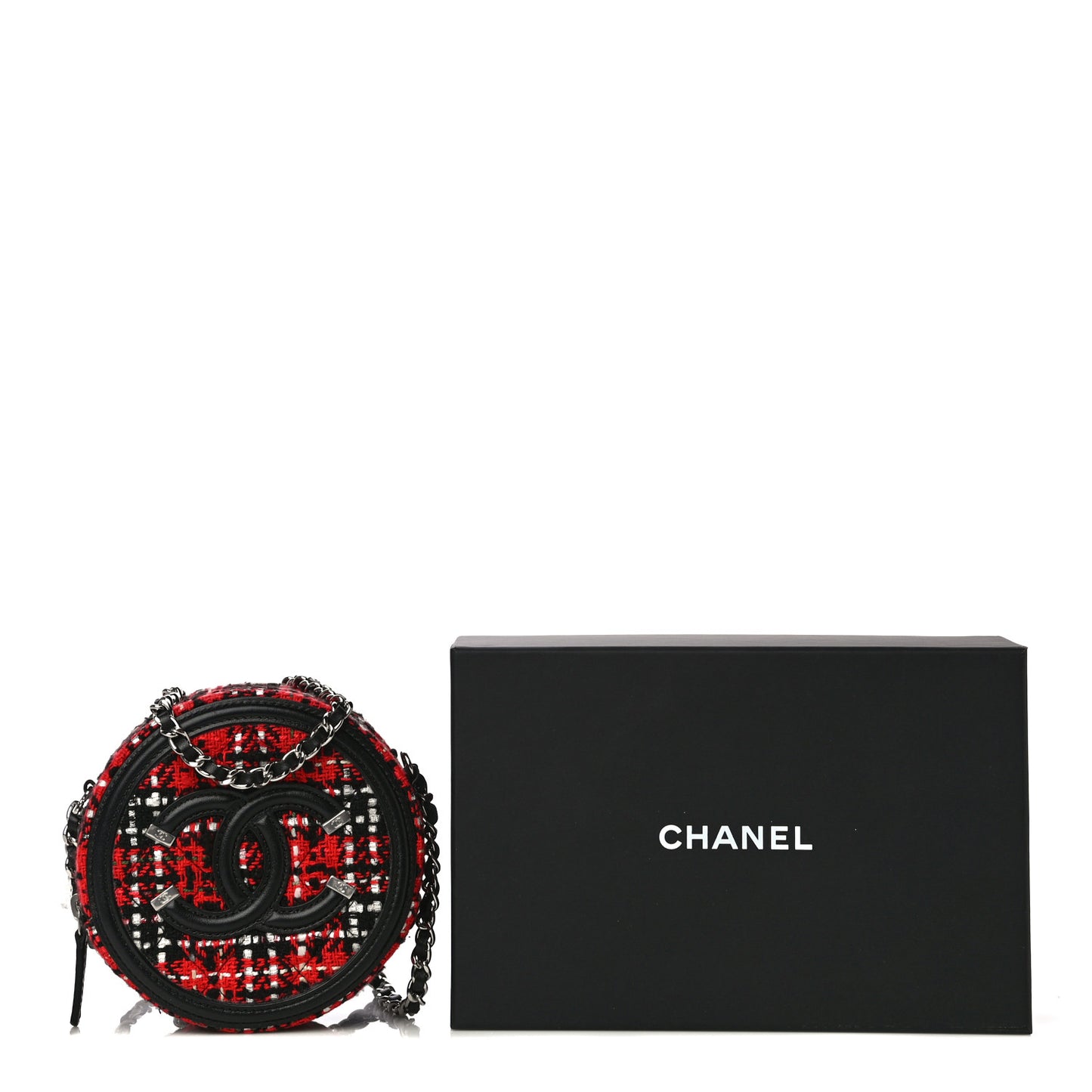 Tweed Quilted Round Filigree Clutch With Chain Red Black