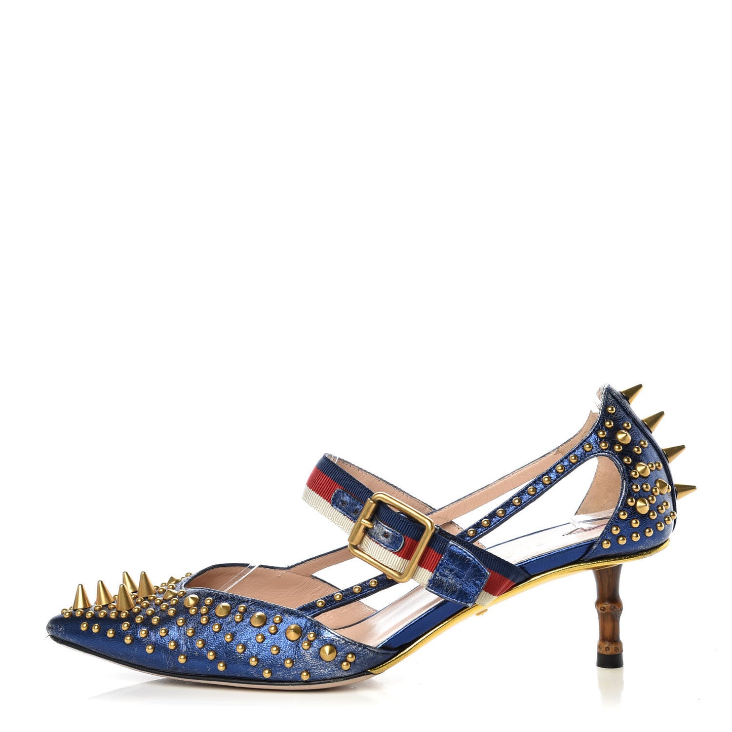 Metallic Nappa Silk Grosgrain Studded Sylvie Web Bamboo Low Heel Pumps 36.5 Sapphire