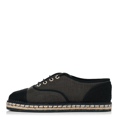 Chanel Cotton Lace Up Espadrilles 39 Dark Green Black 1 of 4