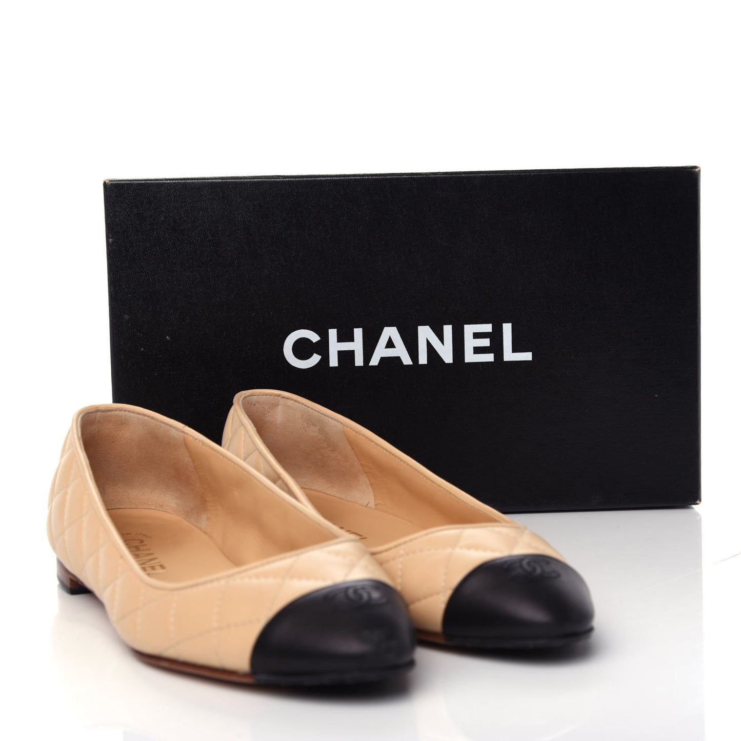 Lambskin Quilted Cap Toe Ballerina Flats 38.5 Beige Black