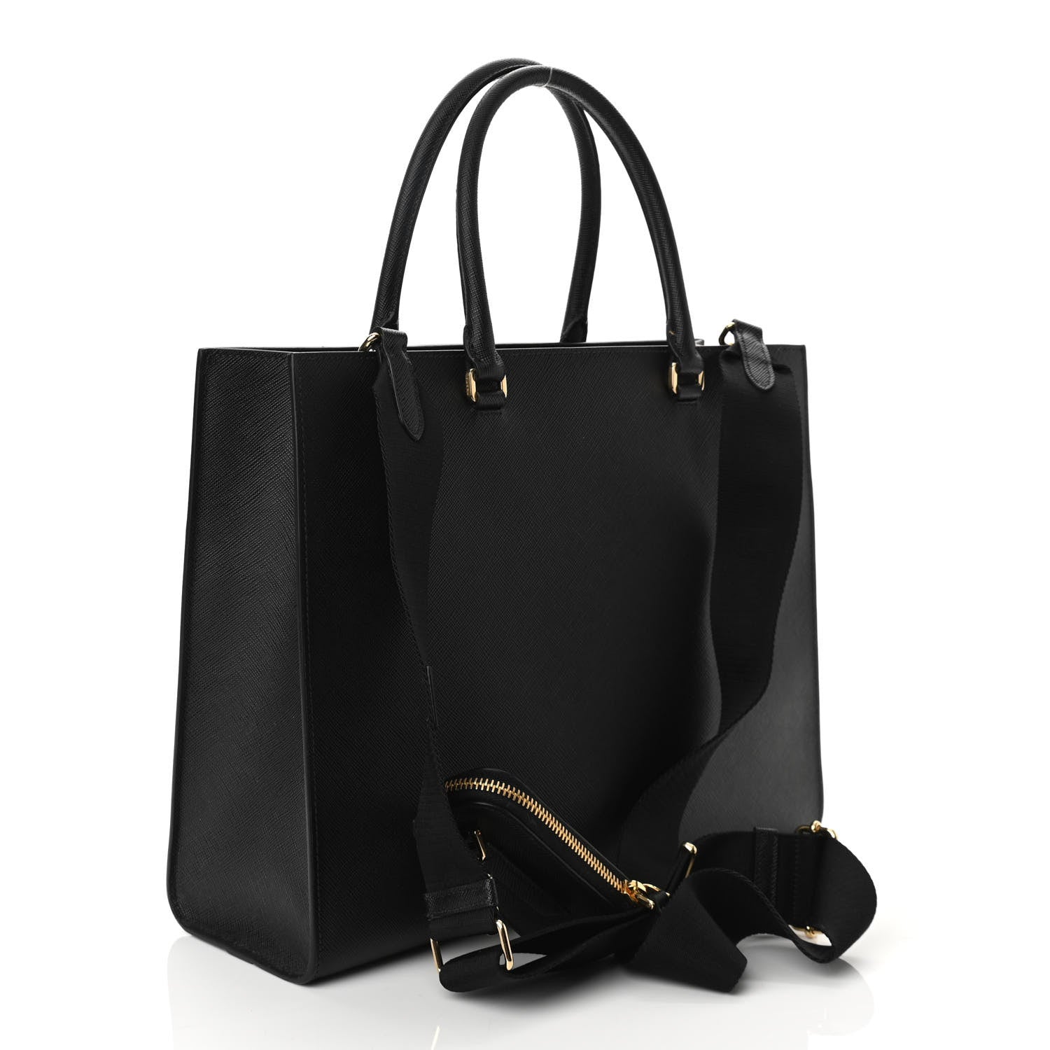 Prada Saffiano Lux Metal Triangle Logo Large Shoulder Tote Handbag Black 3 of 9