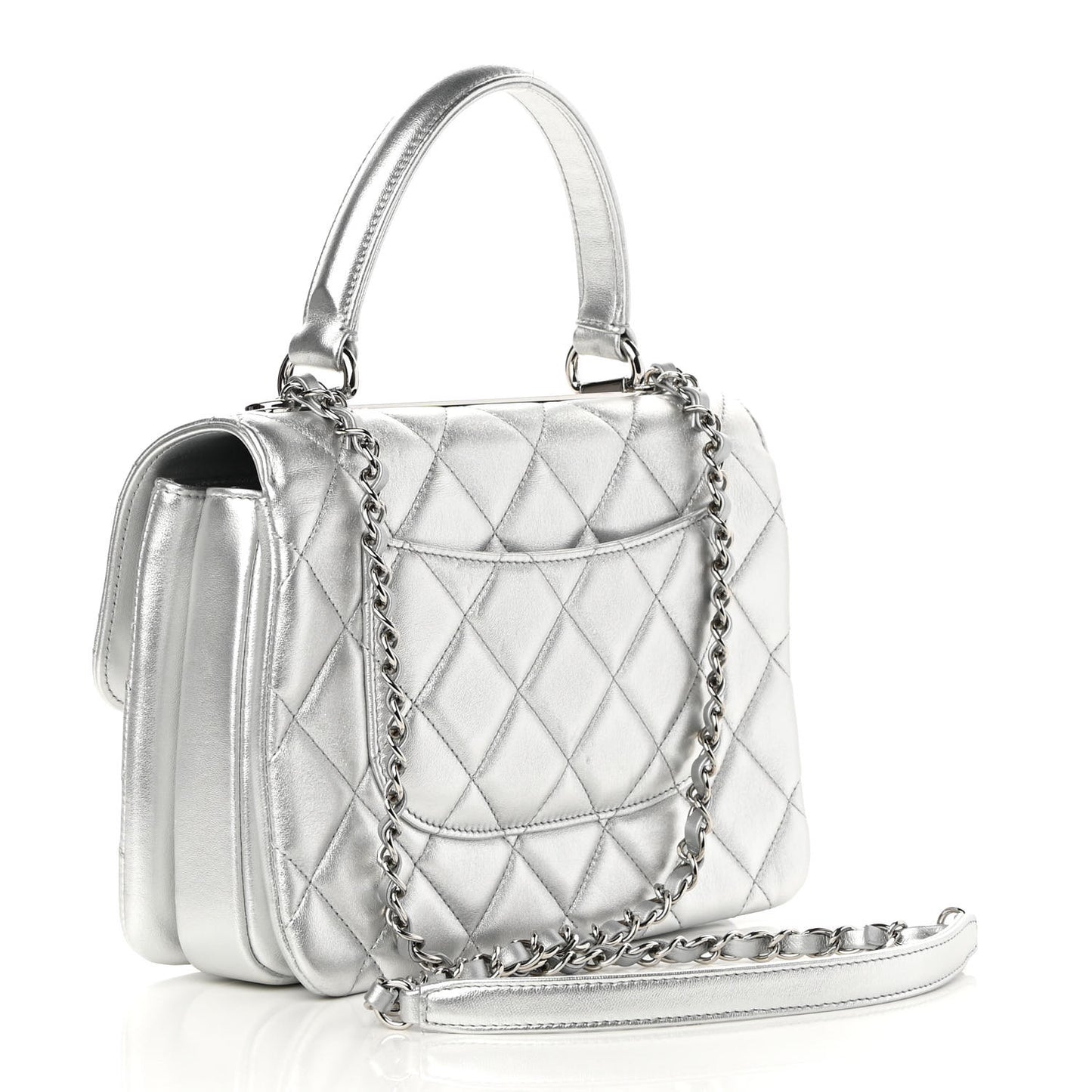 Metallic Lambskin Quilted Small Trendy CC Flap Dual Handle Bag Silver