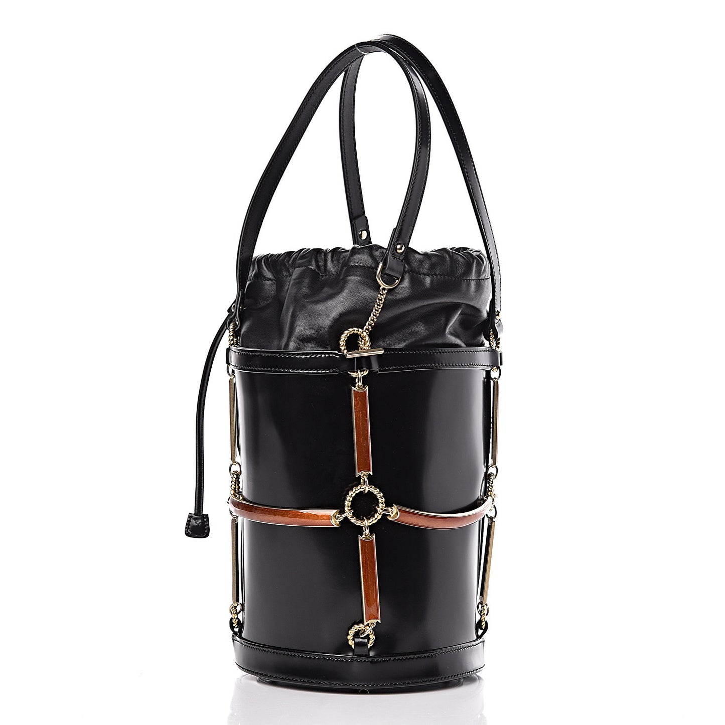 Lambskin Vinyl Enamel Mini Bucket Bag Black Ruggine
