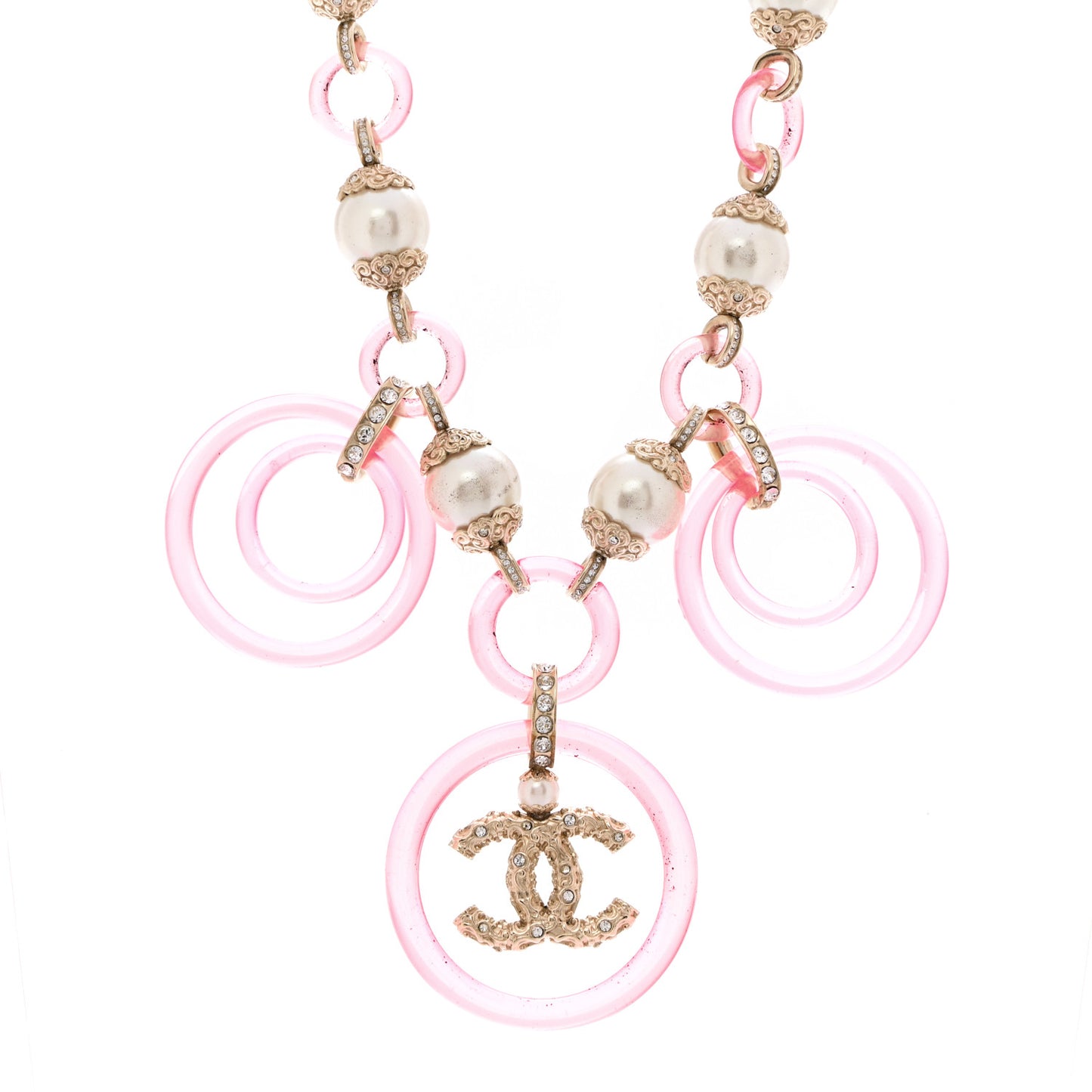 Pearl Crystal Resin CC Round Charms Necklace Gold Pink