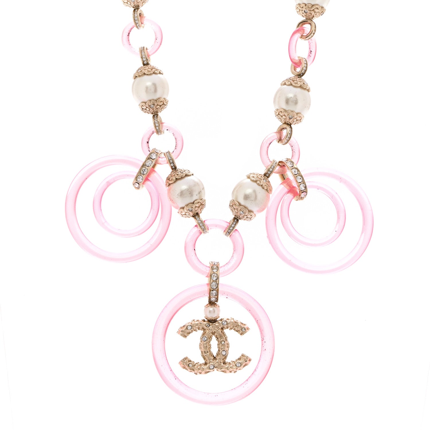 Chanel Pearl Crystal Resin CC Round Charms Necklace Gold Pink 4 of 8