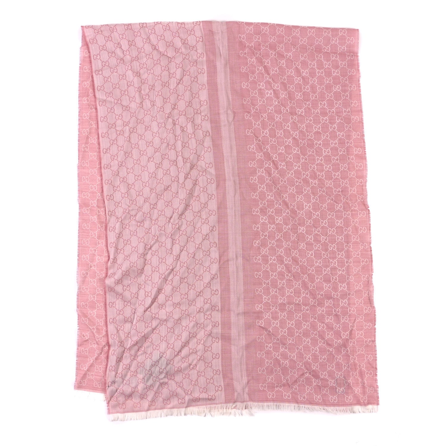 Gucci Wool Silk Monogram GGWeb Fringe Shawl Rose Ivory 2 of 3