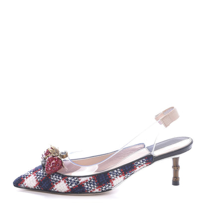 Gucci Tweed PVC Bamboo Strawberry Eleonor Low Heel Slingback Pumps 36 Marine Red 1 of 10