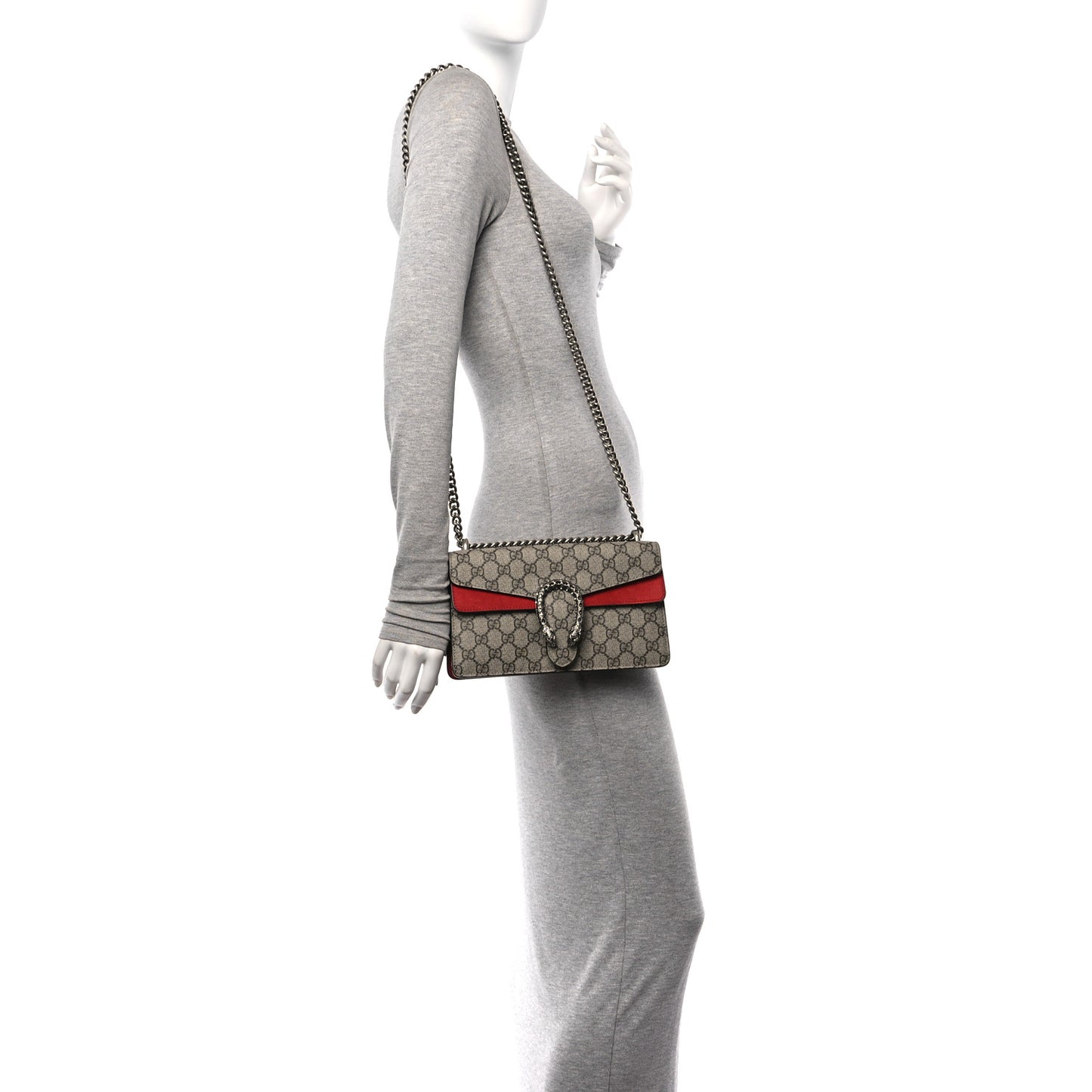 GG Supreme Monogram Suede Crystal Small Dionysus Shoulder Bag Beige Ebony Vulcanic Red