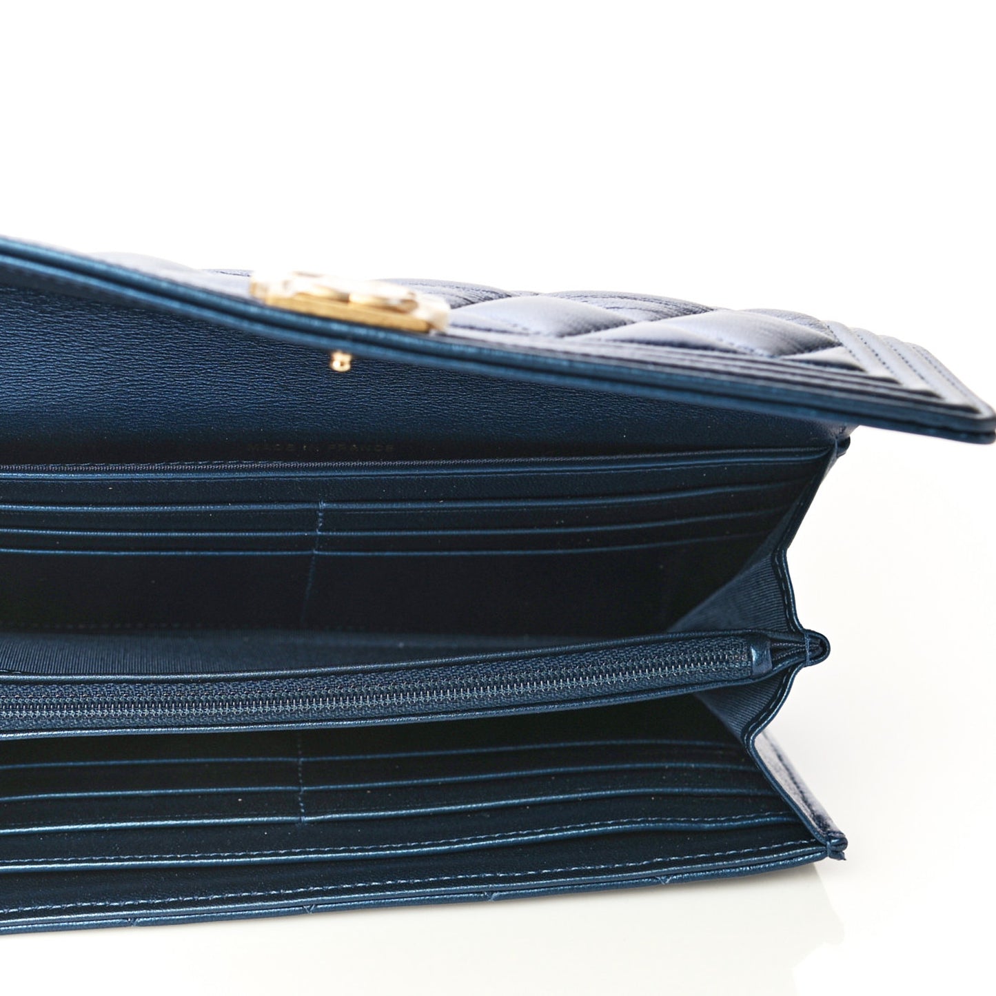Metallic Lambskin Quilted Large Boy Gusset Flap Wallet Blue