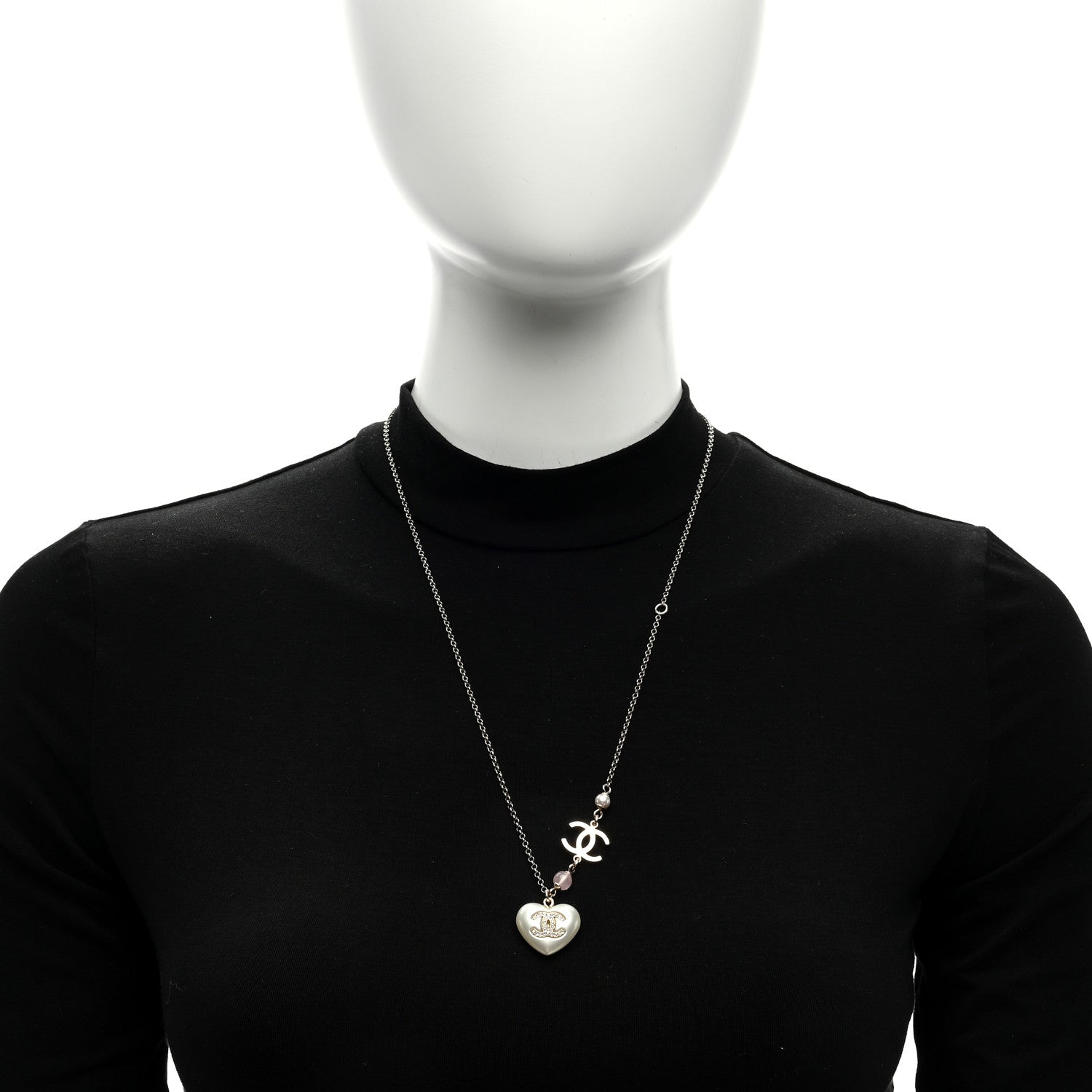 Chanel Resin Crystal CC Heart Necklace Pearly White Gold 3 of 4
