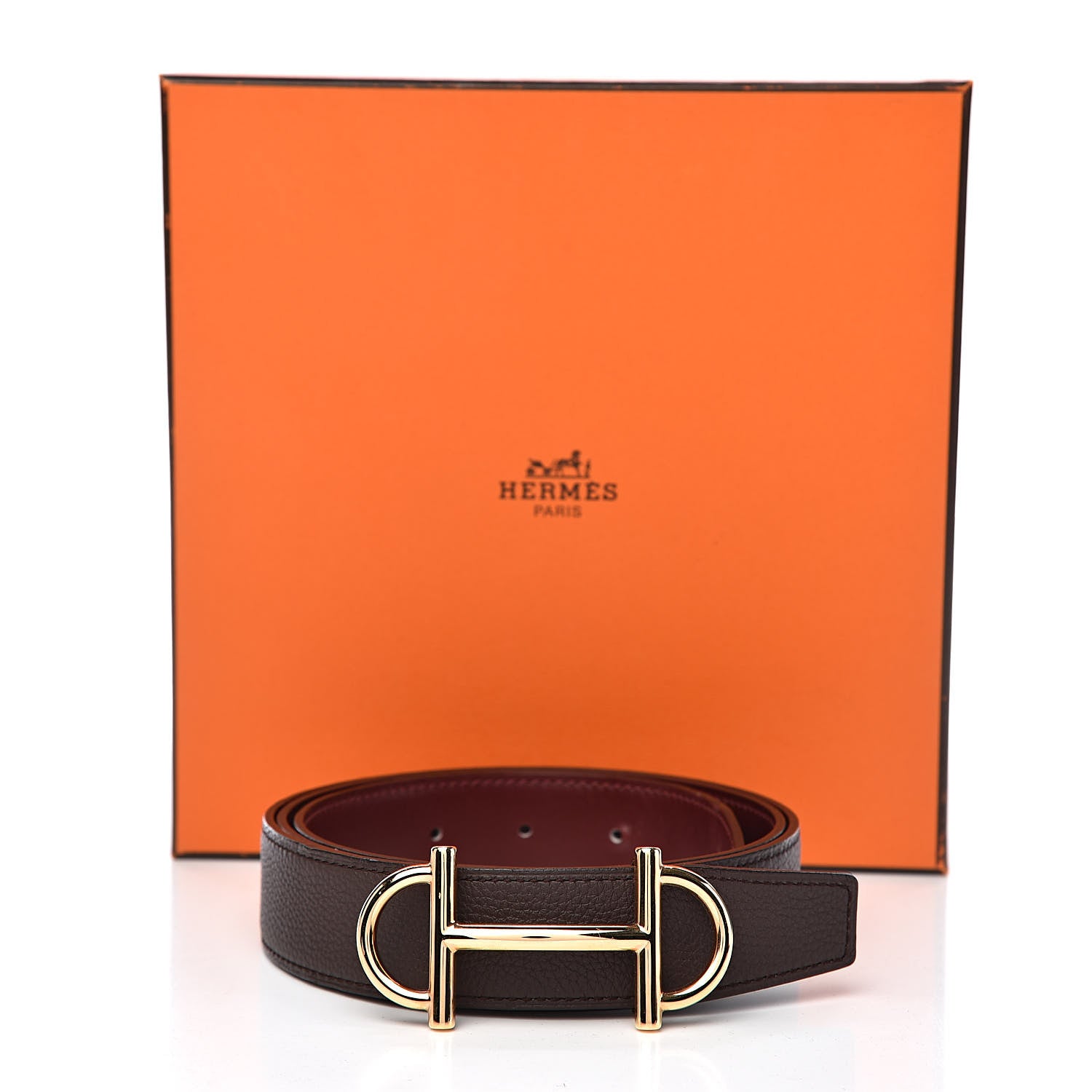 Hermes Taurillon Clemence Box 32mm Gamma Belt 95 Chocolate Rouge H 8 of 8