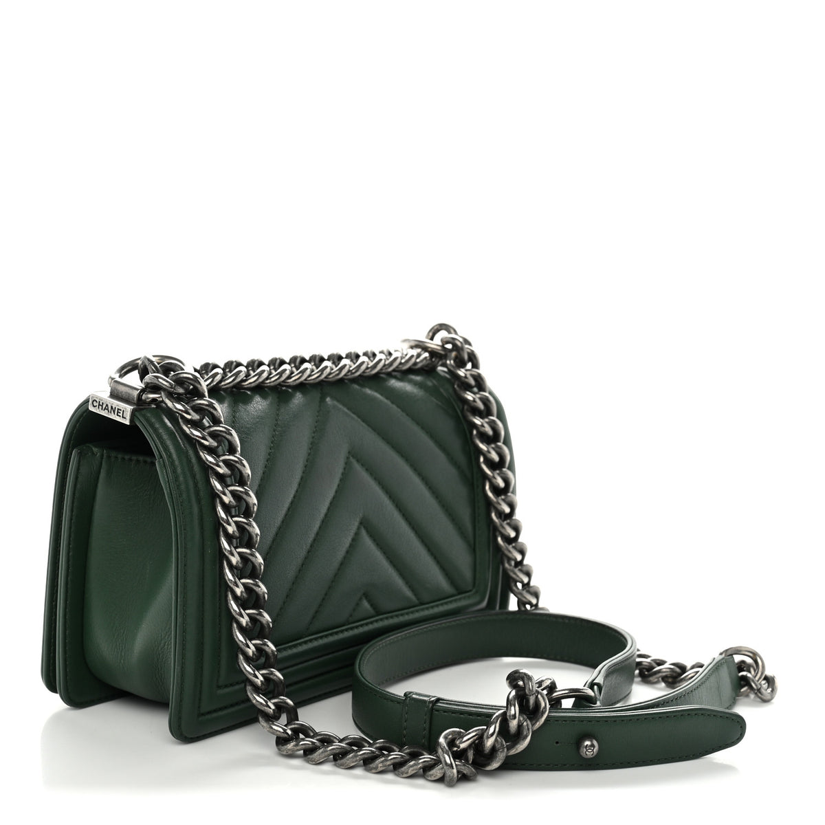 Calfskin Chevron Quilted Small Boy Flap Green
