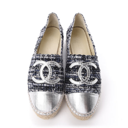 Chanel Metallic Tweed Lambskin CC Espadrilles 38 Black Silver 6 of 11