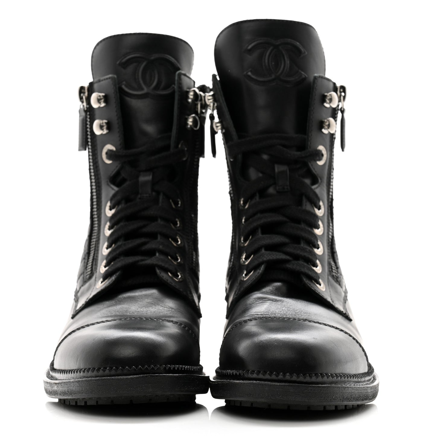 Calfskin Quilted Lace Up Combat Boots 37.5 Black