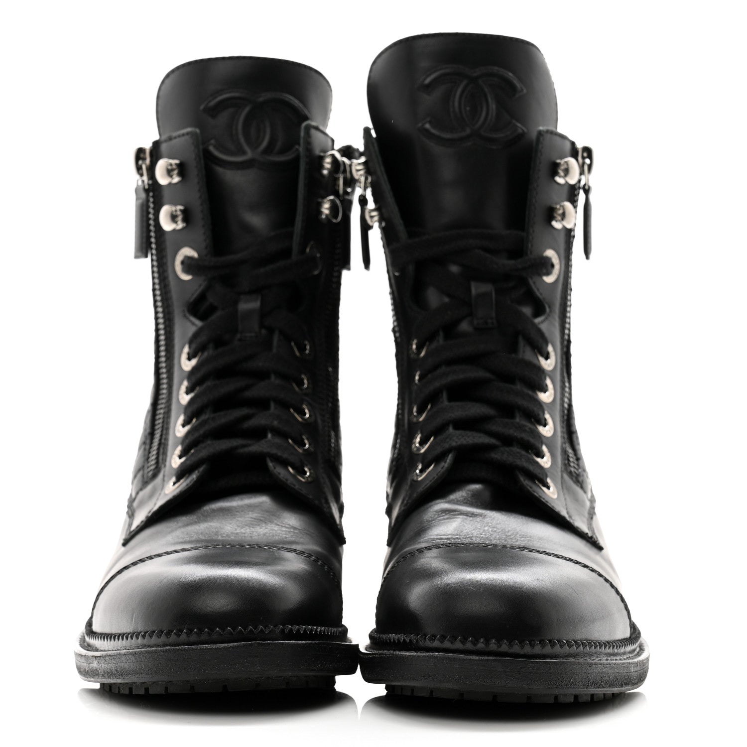 Chanel Calfskin Quilted Lace Up Combat Boots 37.5 Black 2 of 12