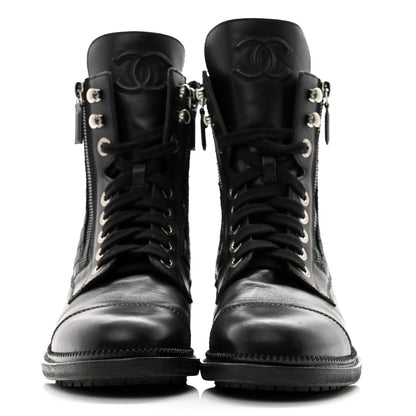 Chanel Calfskin Quilted Lace Up Combat Boots 37.5 Black 2 of 12