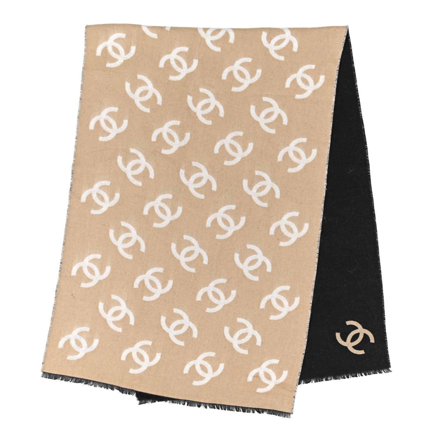Chanel Cashmere Logo Stole Fringe Beige Black 2 of 4