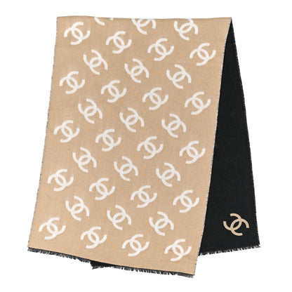 Chanel Cashmere Logo Stole Fringe Beige Black 2 of 4