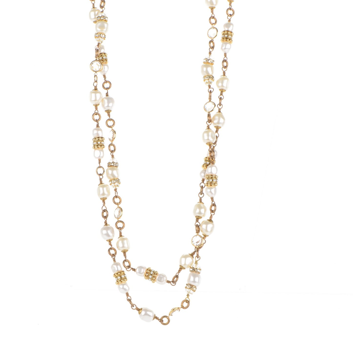 Crystal Pearl Sautoir Long Necklace Gold White