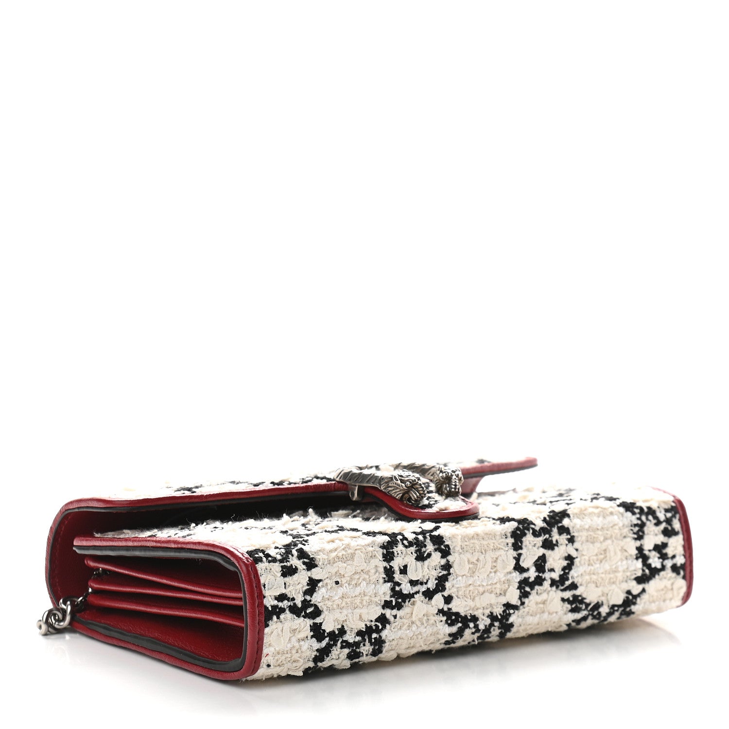 Gucci Tweed GG Monogram Mini Dionysus Chain Wallet White Black Romantic Cherry 3 of 8