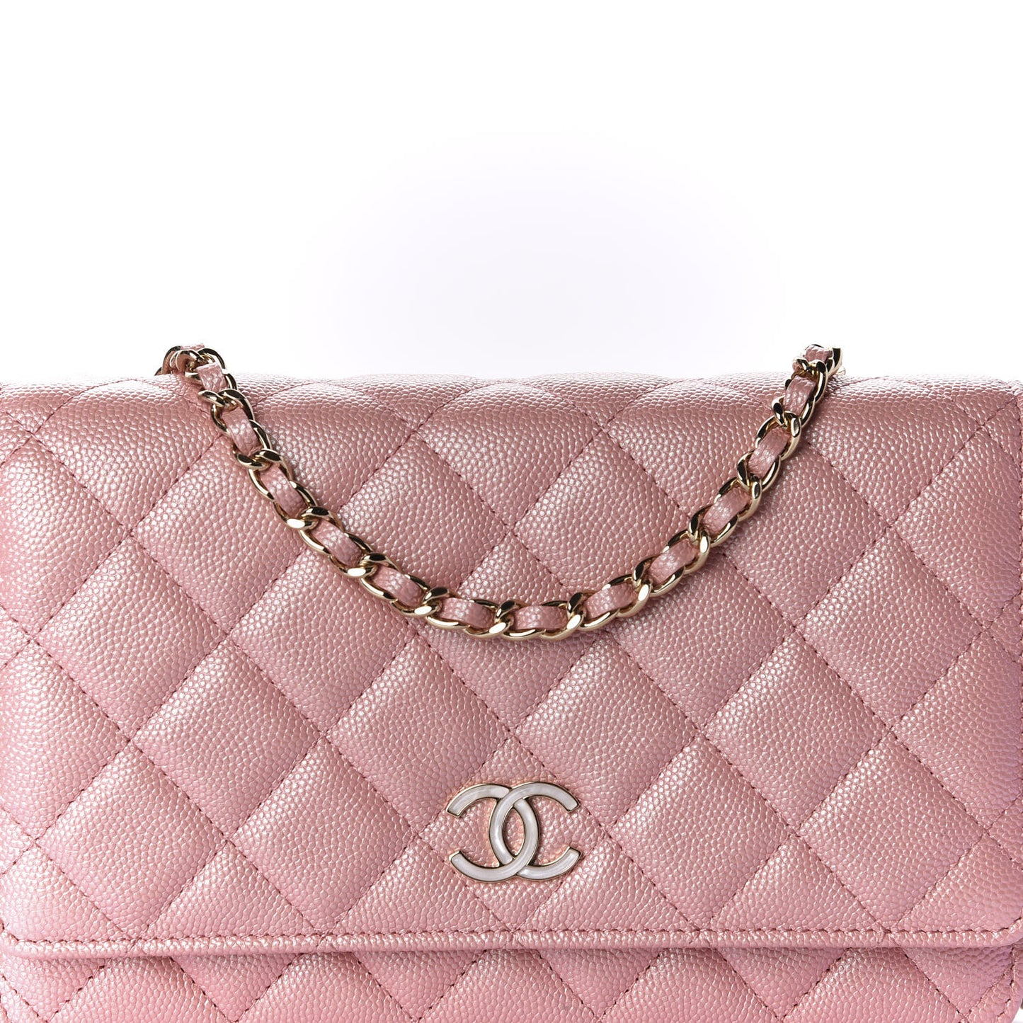 Iridescent Caviar Quilted Wallet on Chain WOC Pink