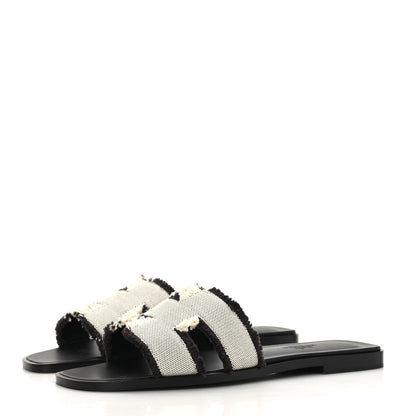Hermes Toile H Oran Fringe Sandals 37.5 Prunoir 3 of 9