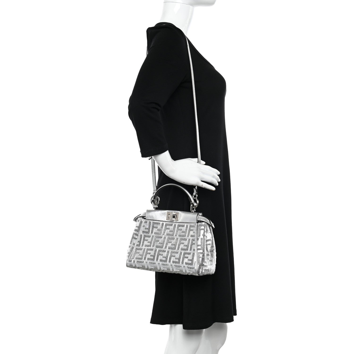 Fendi Vitello Catalan Mirror Sequin FF 1974 Embroidered Mini Peekaboo Iconic Satchel Argento 2 of 9
