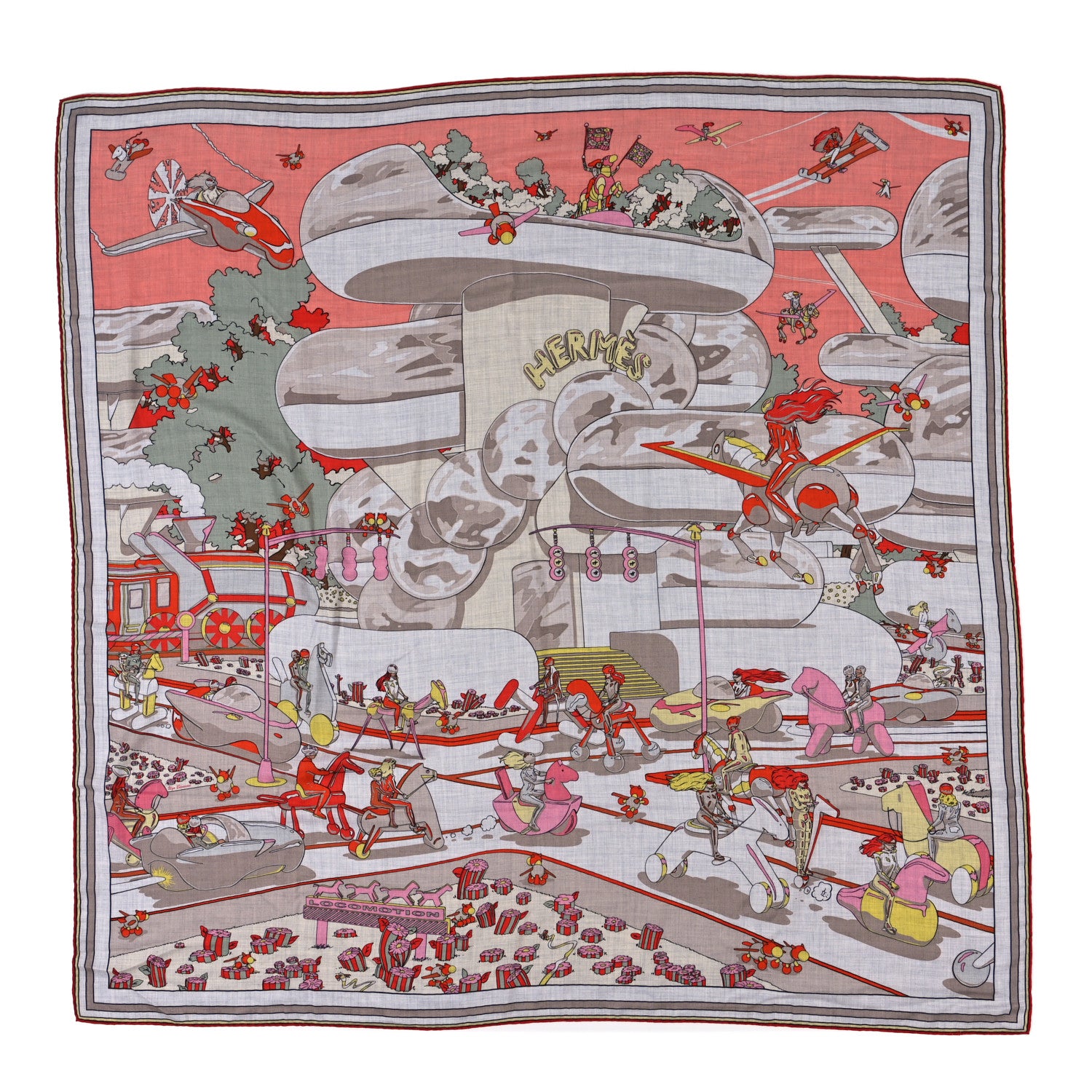 Hermes Cashmere Silk Locomotion Shawl 140 Saumon Gris Chine 1 of 3