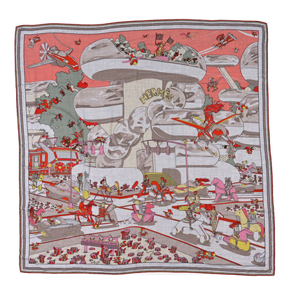 Hermes Cashmere Silk Locomotion Shawl 140 Saumon Gris Chine 1 of 3