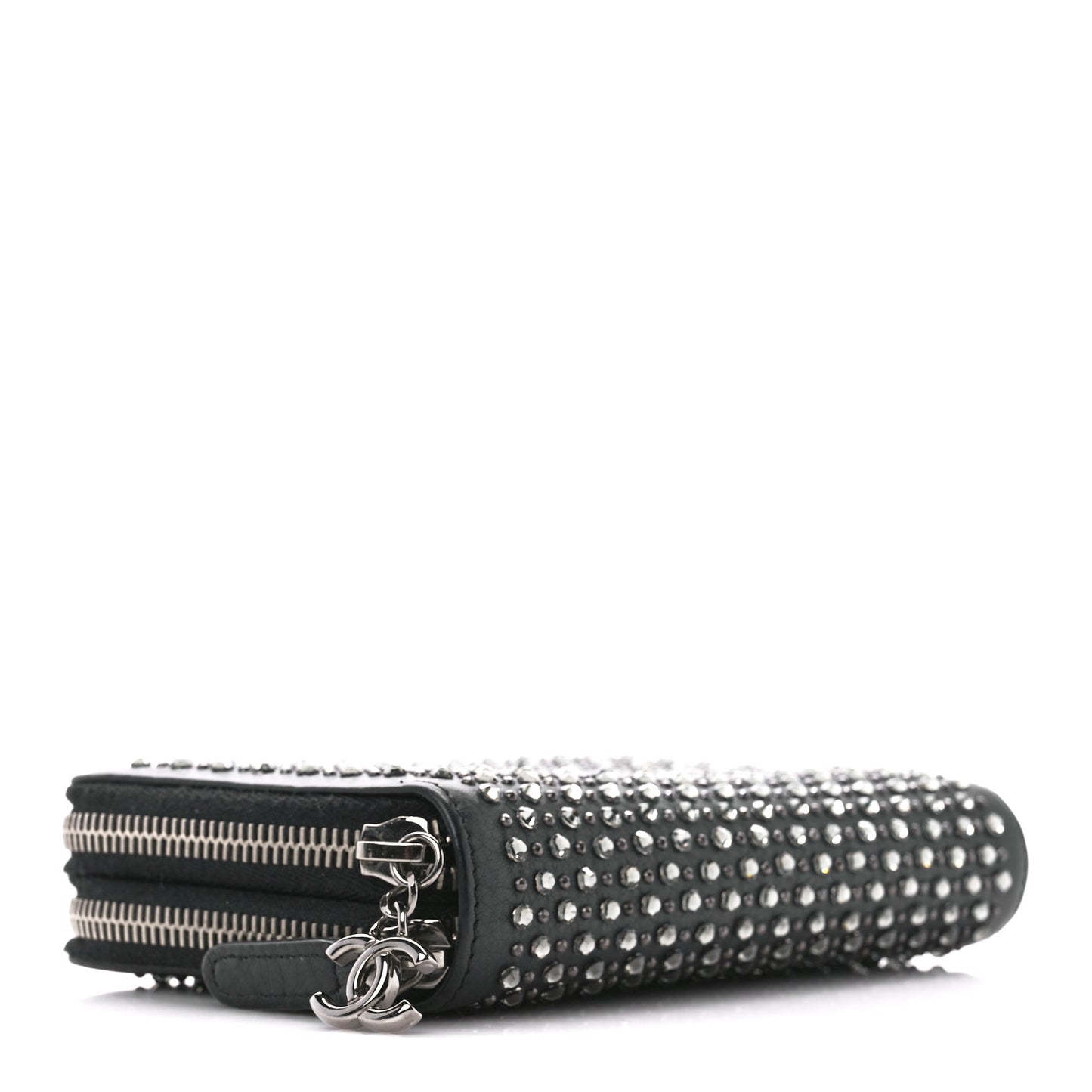 Lambskin Quilted Crystal Medium Gusset Double Zip Around Wallet Black