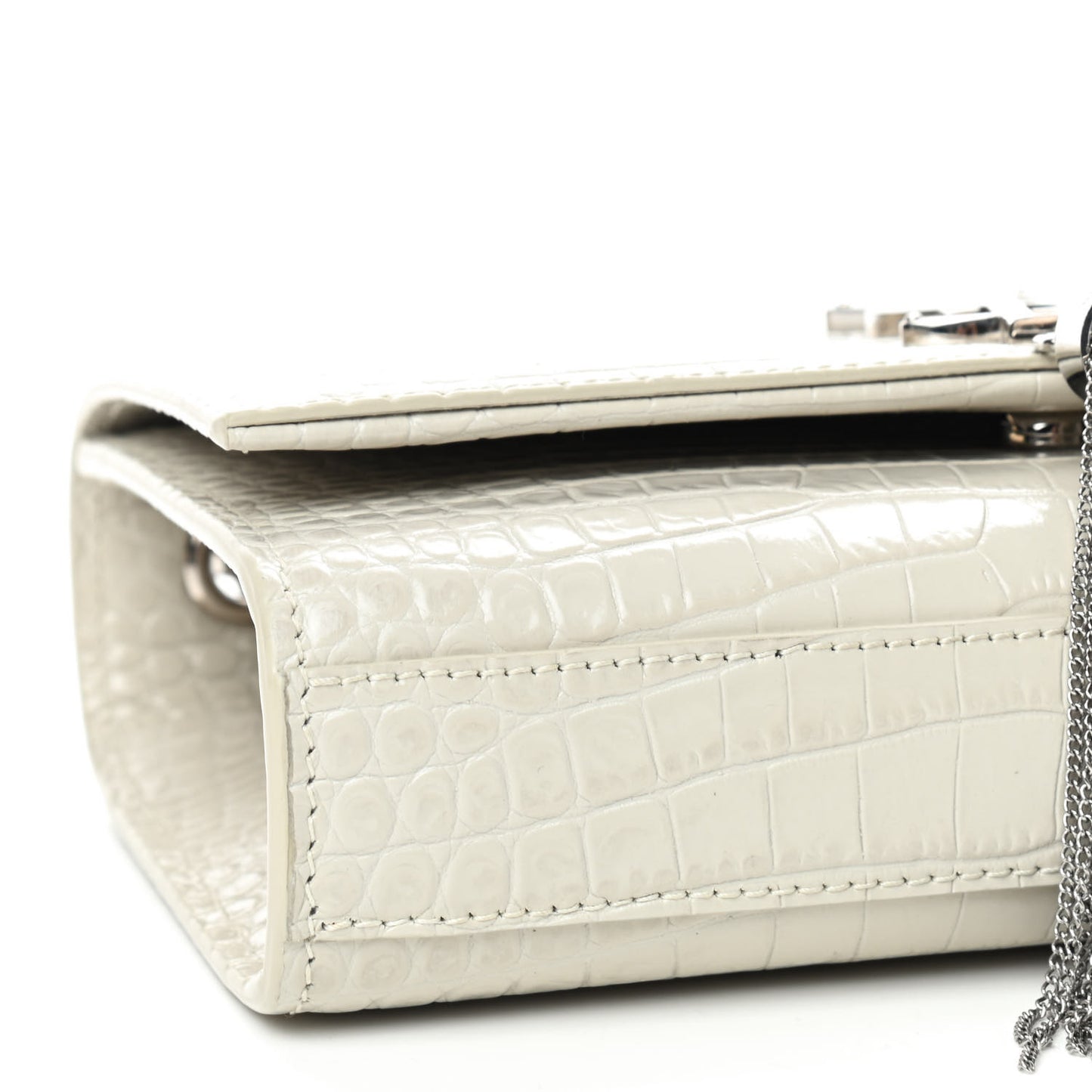 Calfskin Crocodile Embossed Small Classic Monogram Kate Tassel Satchel Crema Soft