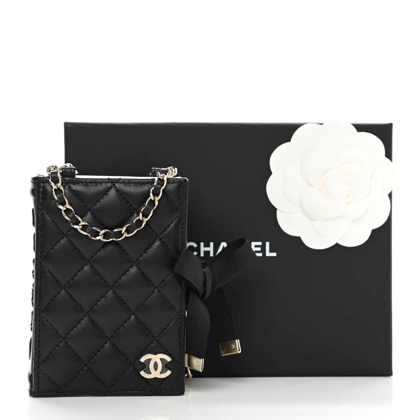 Lambskin Quilted Book Card Holder on Chain Black