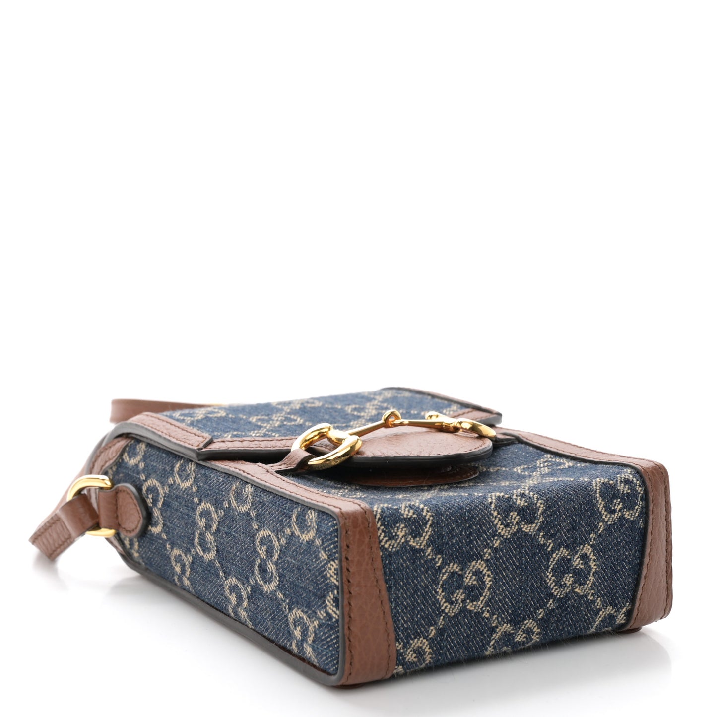 New Denim GG Monogram Dollar Calfskin Mini Horsebit 1955 Crossbody Bag Blue Tea Cuir Epilog