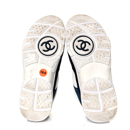 Chanel Nylon Calfskin Suede CC Womens Sneakers 38 Navy White Orange 5 of 8