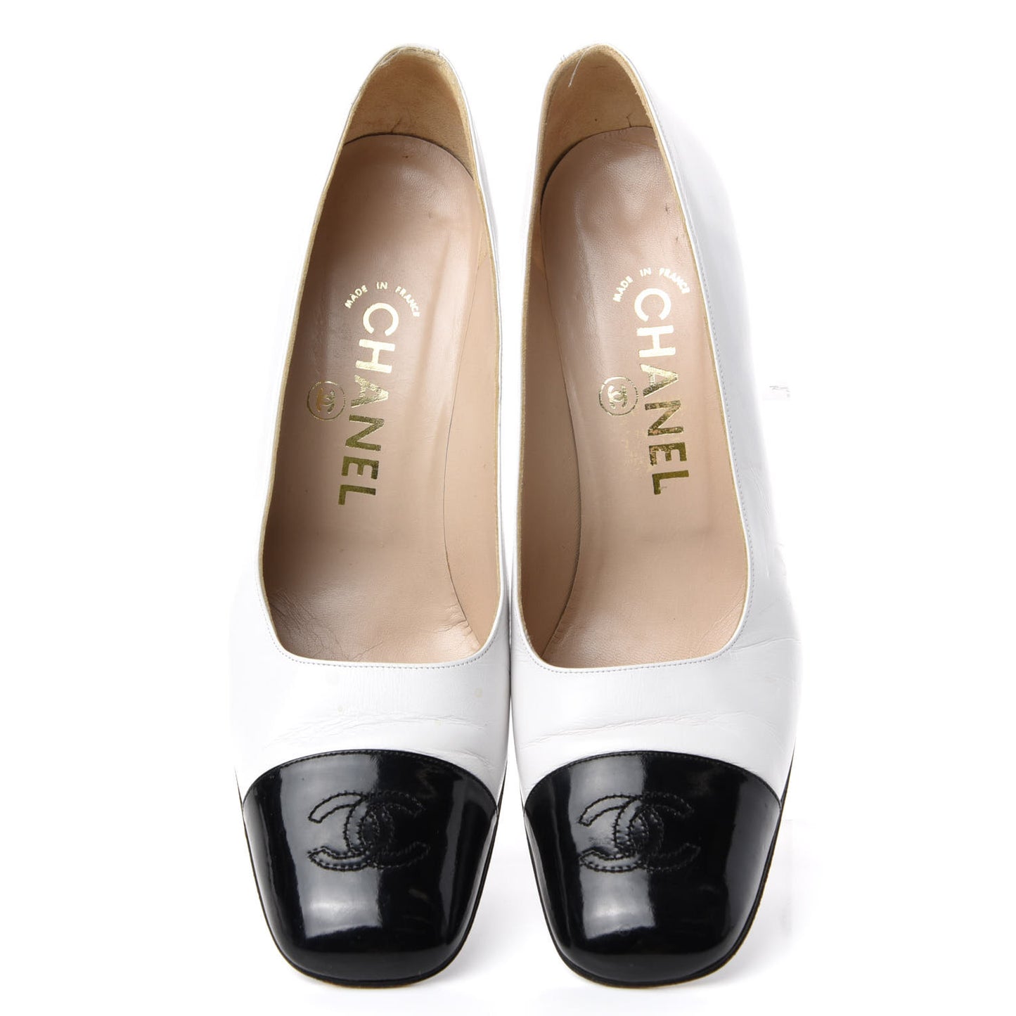 Patent Calfskin CC Cap Toe Pumps 38 White Black