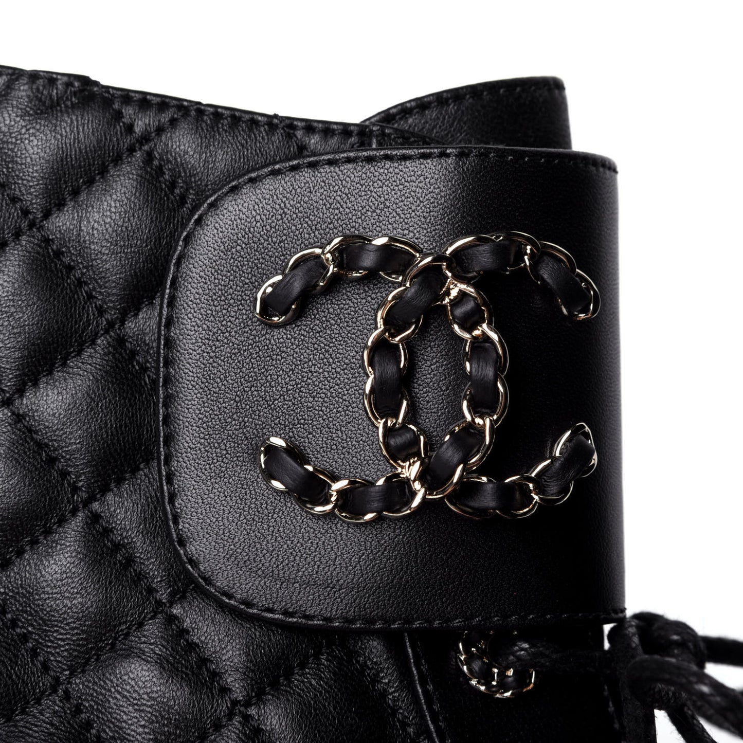 Shiny Lambskin Quilted Lace Up Combat Boots 39.5 Black